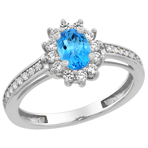 10K White Gold Natural Swiss Blue Topaz Flower Halo Ring Oval 6x4 mm Diamond Accents, sizes 5 - 10