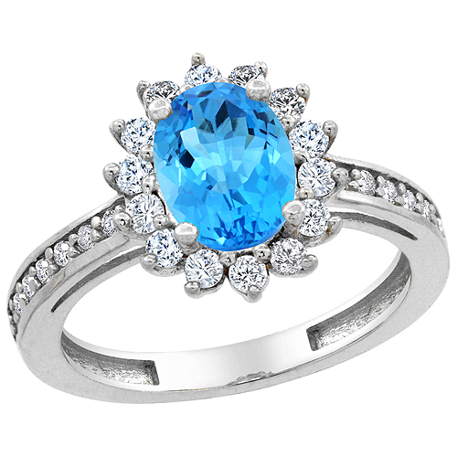 10K White Gold Natural Swiss Blue Topaz Floral Halo Ring Oval 8x6mm Diamond Accents, sizes 5 - 10