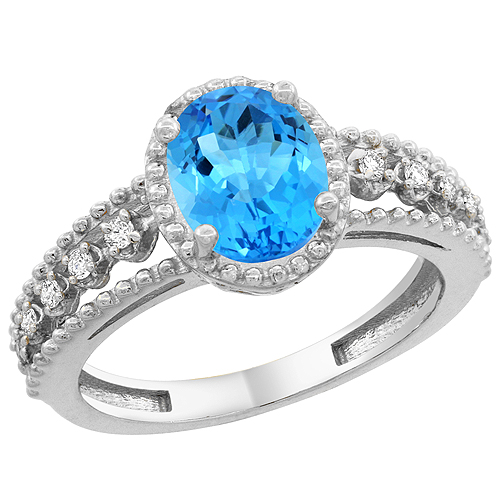 10K White Gold Natural Swiss Blue Topaz Ring Oval 9x7 mm Floating Diamond Accents, sizes 5 - 10