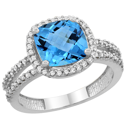 10K White Gold Natural Swiss Blue Topaz Ring Cushion-cut 8x8 mm 2-row Diamond Accents, sizes 5 - 10