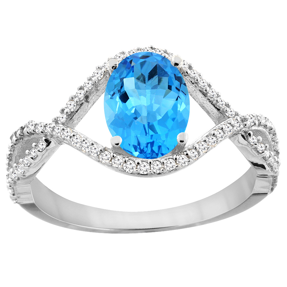 10K White Gold Natural Swiss Blue Topaz Ring Oval 8x6 mm Infinity Diamond Accents, sizes 5 - 10