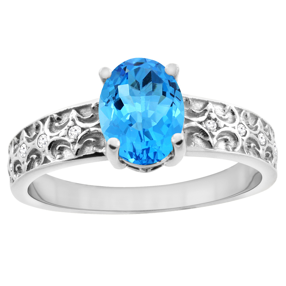 10K White Gold Natural Swiss Blue Topaz Ring Oval 8x6 mm Diamond Accents, sizes 5 - 10