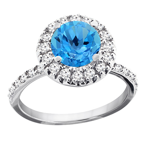 10K White Gold Natural Swiss Blue Topaz Ring Round 8mm Floating Halo Diamond, sizes 5 - 10