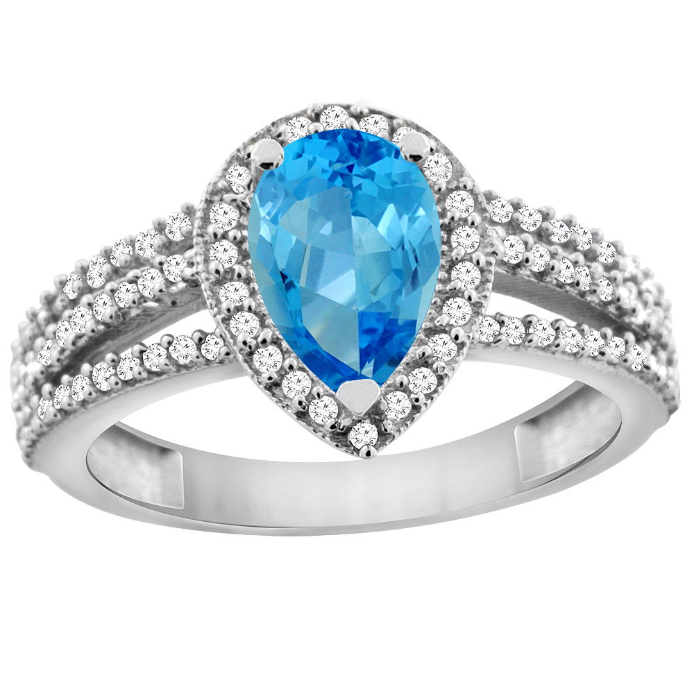 10K White Gold Natural Swiss Blue Topaz Ring 9x7 Pear Halo Diamond, sizes 5 - 10