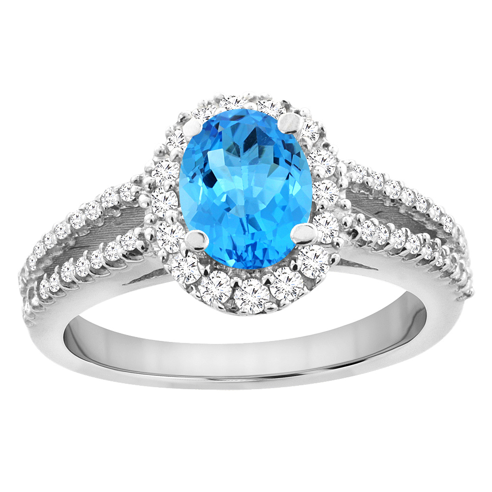 10K White Gold Natural Swiss Blue Topaz Split Shank Halo Engagement Ring Oval 7x5 mm, sizes 5 - 10