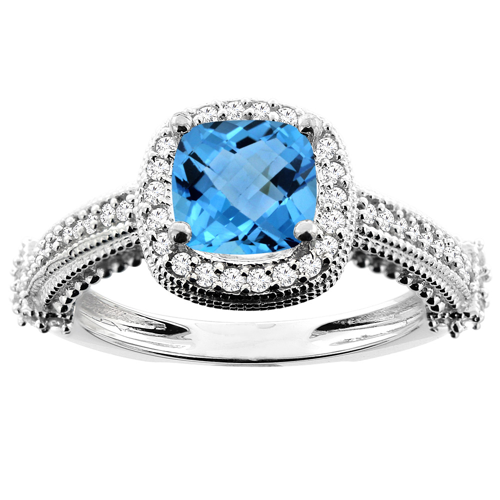 10K White/Yellow/Rose Gold Natural Swiss Blue Topaz Ring Cushion 7x7mm Diamond Accent, sizes 5 - 10