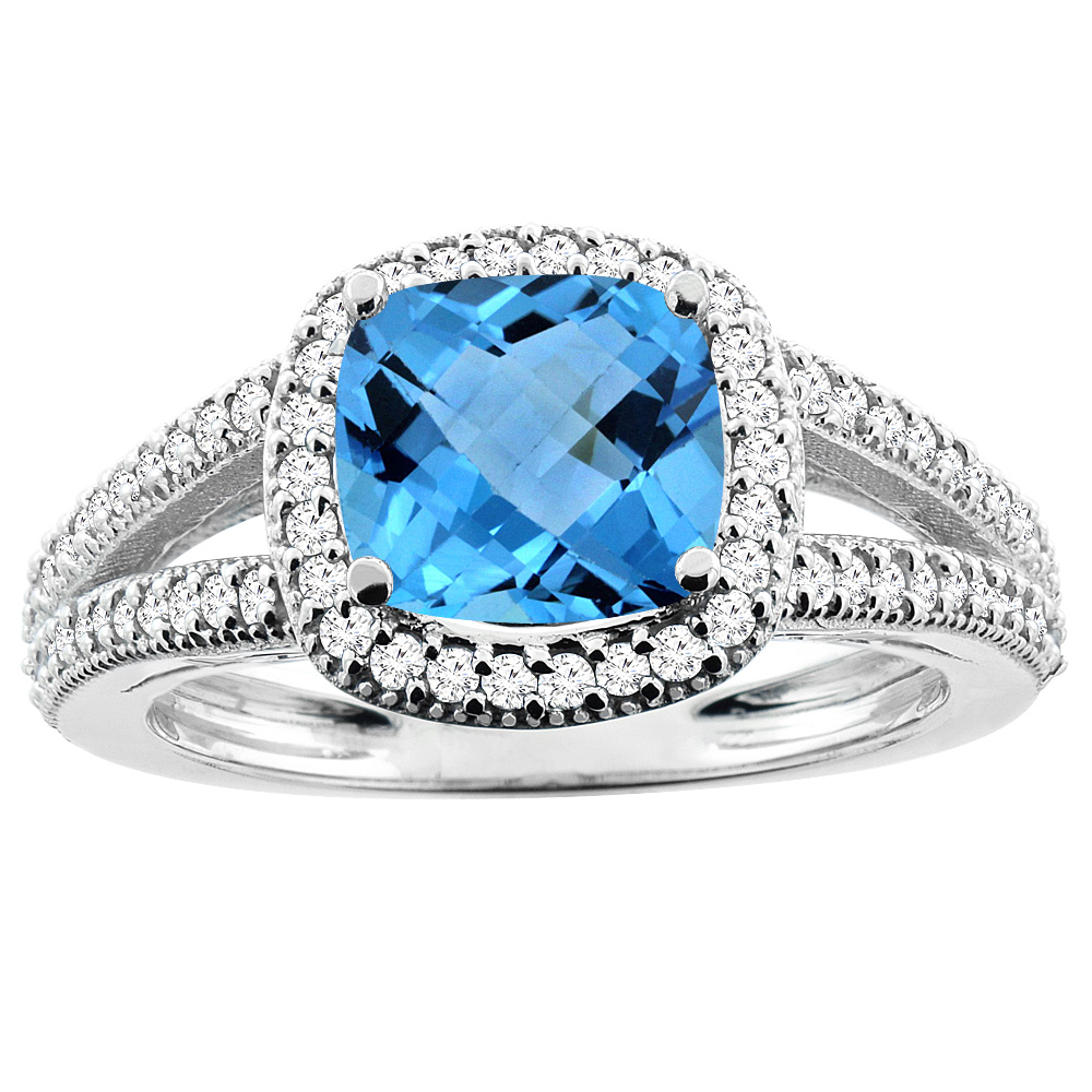 10K White Gold Natural Swiss Blue Topaz Ring Cushion 7x7mm Diamond Accent 3/8 inch wide, sizes 5 - 10