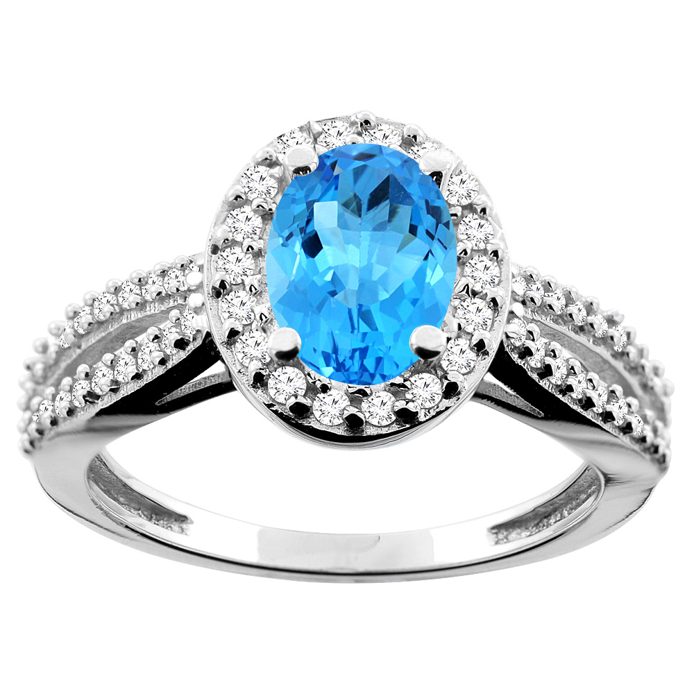 10K White/Yellow/Rose Gold Natural Swiss Blue Topaz Ring Oval 8x6mm Diamond Accent, sizes 5 - 10