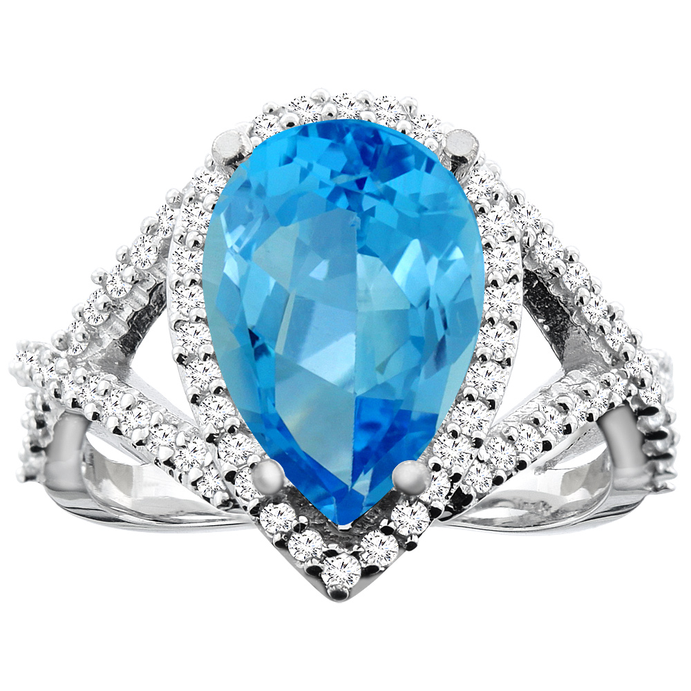 10K White/Yellow/Rose Gold Natural Swiss Blue Topaz Ring Pear 12X8mm Diamond Accent, sizes 5 - 10