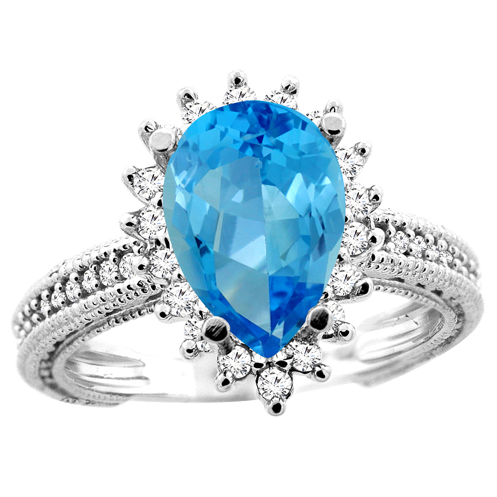 10K White/Yellow/Rose Gold Natural Swiss Blue Topaz Ring Pear 12x8mm Diamond Accent, sizes 5 - 10