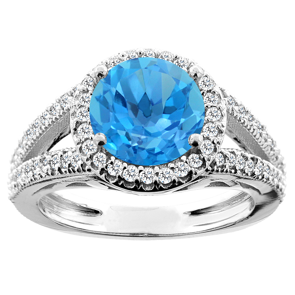 10K White/Yellow/Rose Gold Natural Swiss Blue Topaz Ring Round 8mm Diamond Accent, sizes 5 - 10