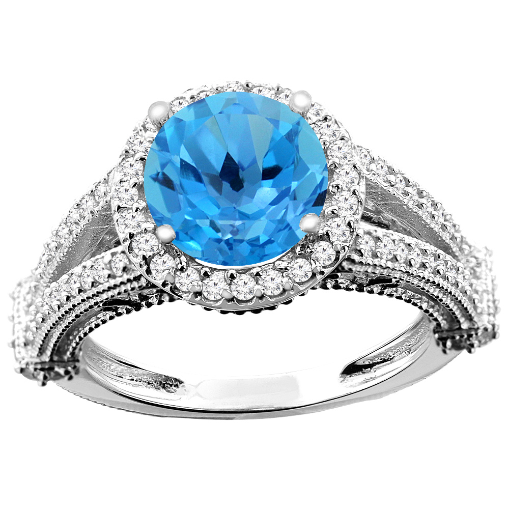 10K White/Yellow/Rose Gold Natural Swiss Blue Topaz Ring Round 8mm Diamond Accent, sizes 5 - 10