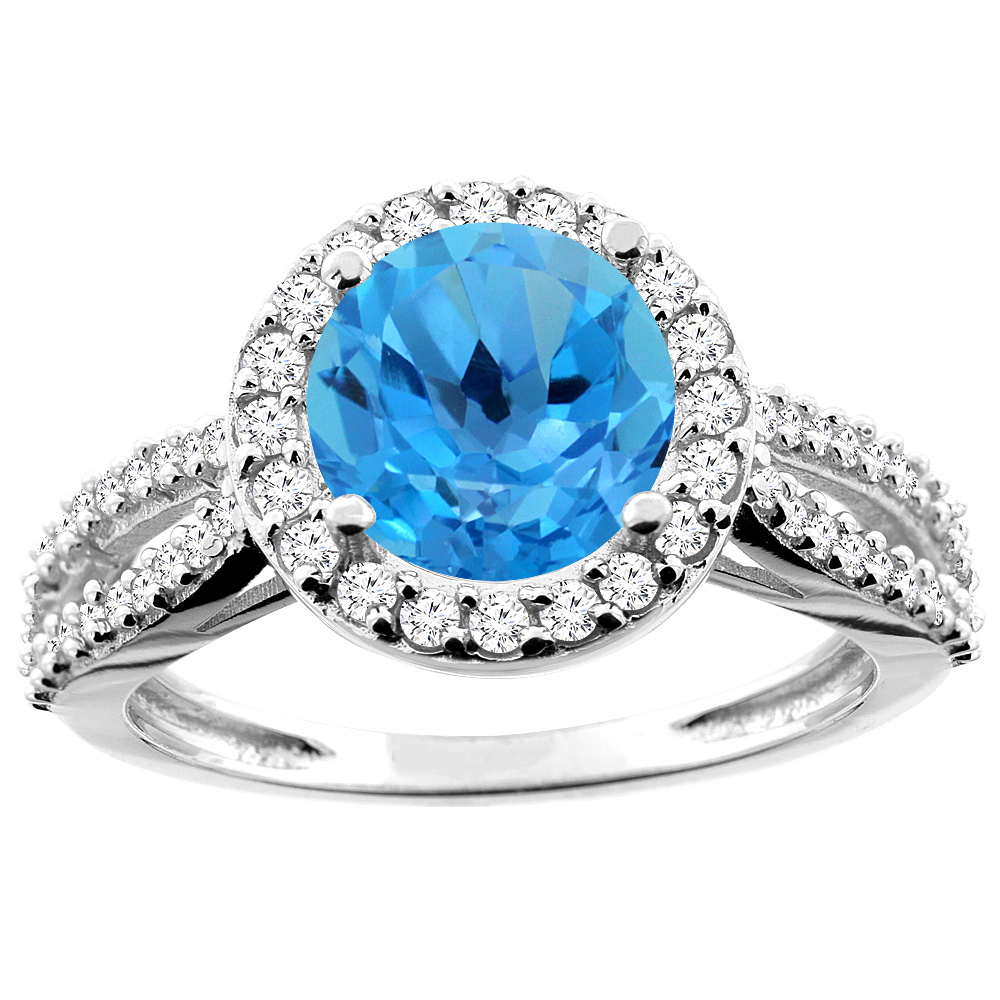 10K White/Yellow/Rose Gold Natural Swiss Blue Topaz Ring Round 8mm Diamond Accent, sizes 5 - 10