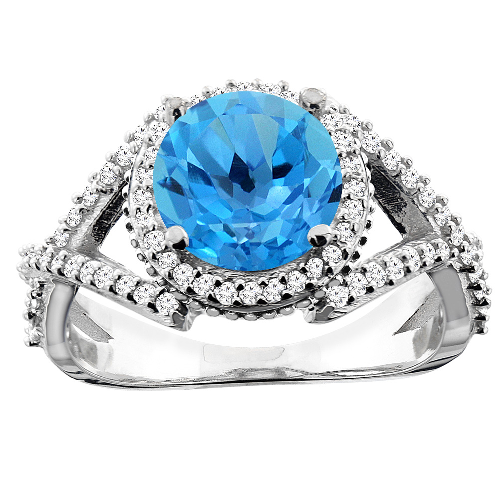 10K White/Yellow/Rose Gold Natural Swiss Blue Topaz Ring Round 8mm Diamond Accent, sizes 5 - 10