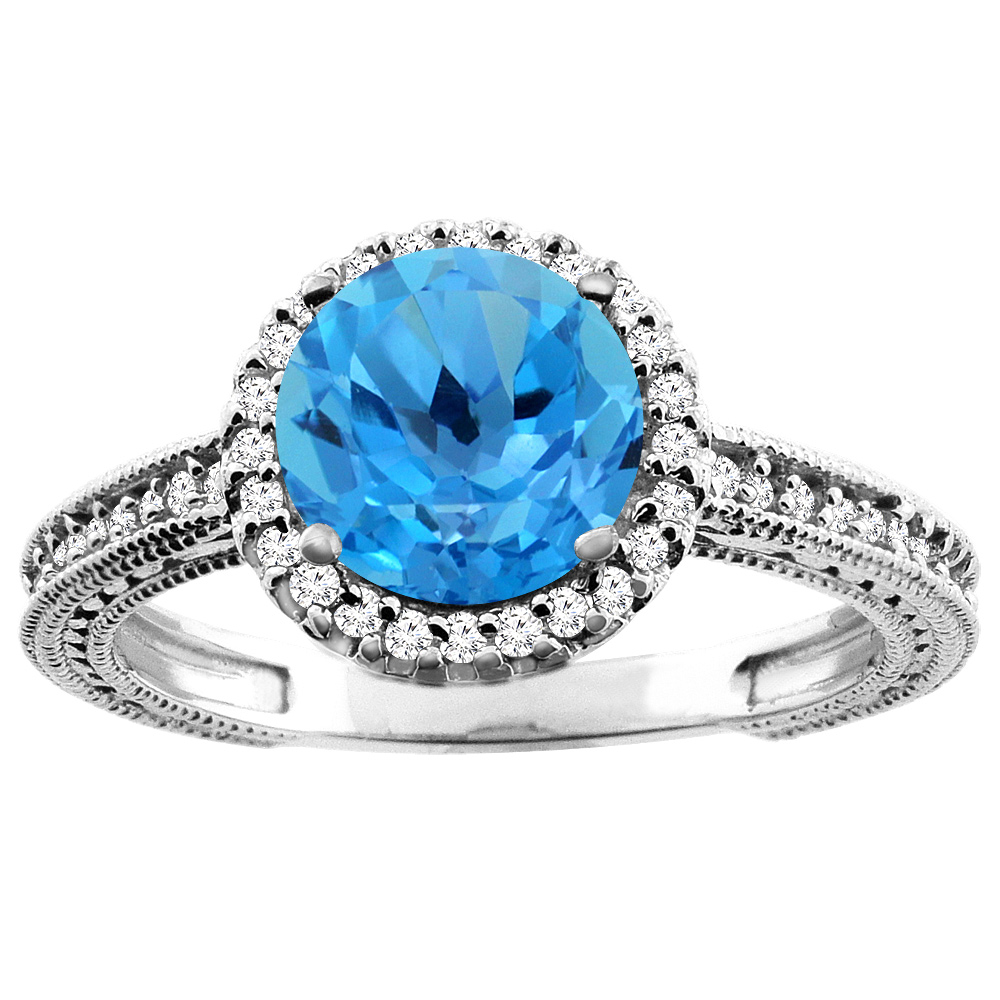 10K White/Yellow/Rose Gold Natural Swiss Blue Topaz Ring Round 7mm Diamond Accent, sizes 5 - 10