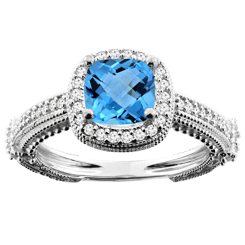 10K White/Yellow/Rose Gold Natural Swiss Blue Topaz Ring Cushion 7x7mm Diamond Accent, sizes 5 - 10