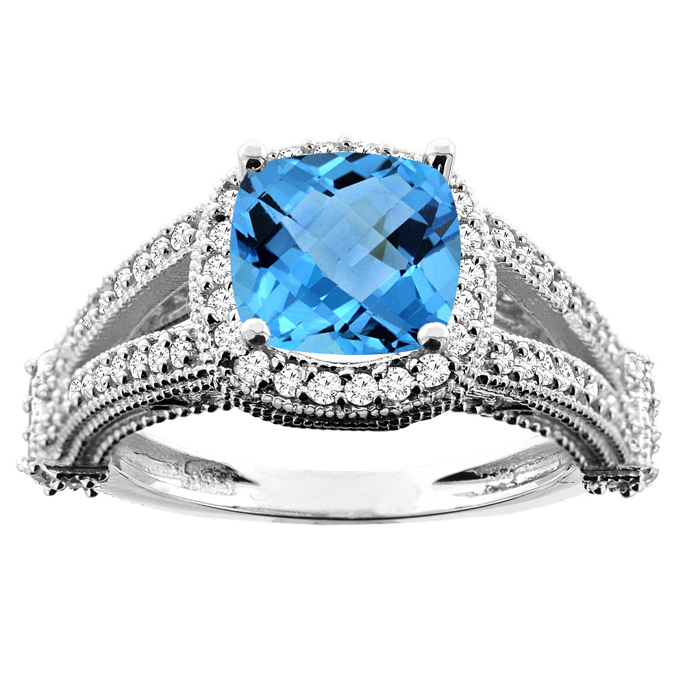 10K White/Yellow/Rose Gold Natural Swiss Blue Topaz Split Shank Ring Cushion 7x7mm Diamond Accent, sizes 5 - 10