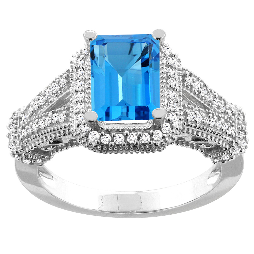 10K White/Yellow/Rose Gold Natural Swiss Blue Topaz Ring Octagon 8x6mm Diamond Accent, sizes 5-10
