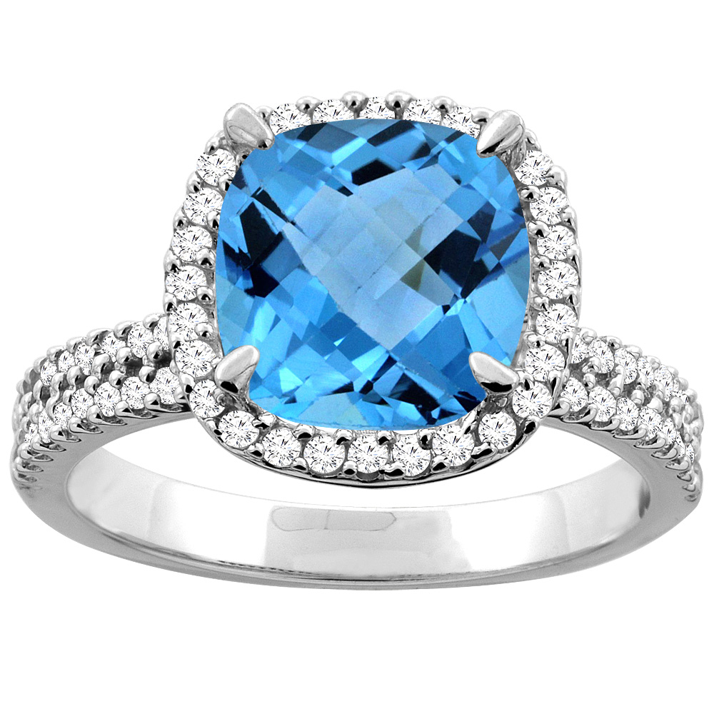 10K White/Yellow Gold Natural Swiss Blue Topaz Halo Ring Cushion 9x9mm Diamond Accent, sizes 5 - 10