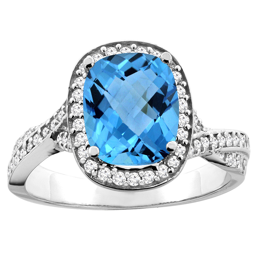 10K White/Yellow Gold Natural Swiss Blue Topaz Halo Ring Cushion 9x7mm Diamond Accent, sizes 5 - 10