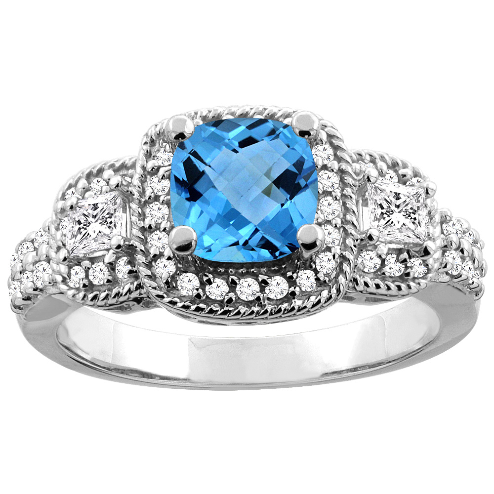 10K White/Yellow Gold Natural Swiss Blue Topaz Ring Cushion 6x6 mm Diamond Accent, sizes 5 - 10