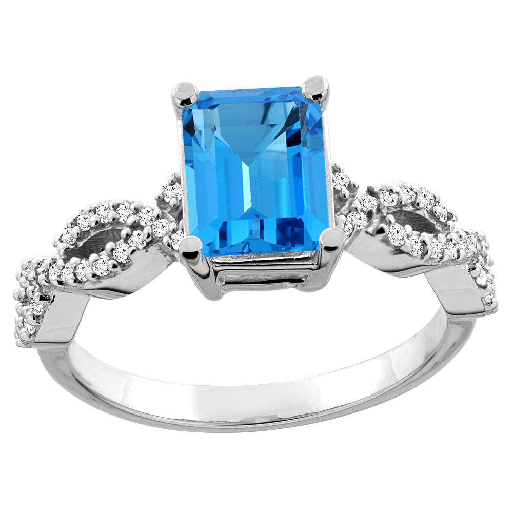 10K White/Yellow Gold Natural Swiss Blue Topaz Eternity Ring Octagon 9x7mm Diamond Accent, sizes 5 - 10