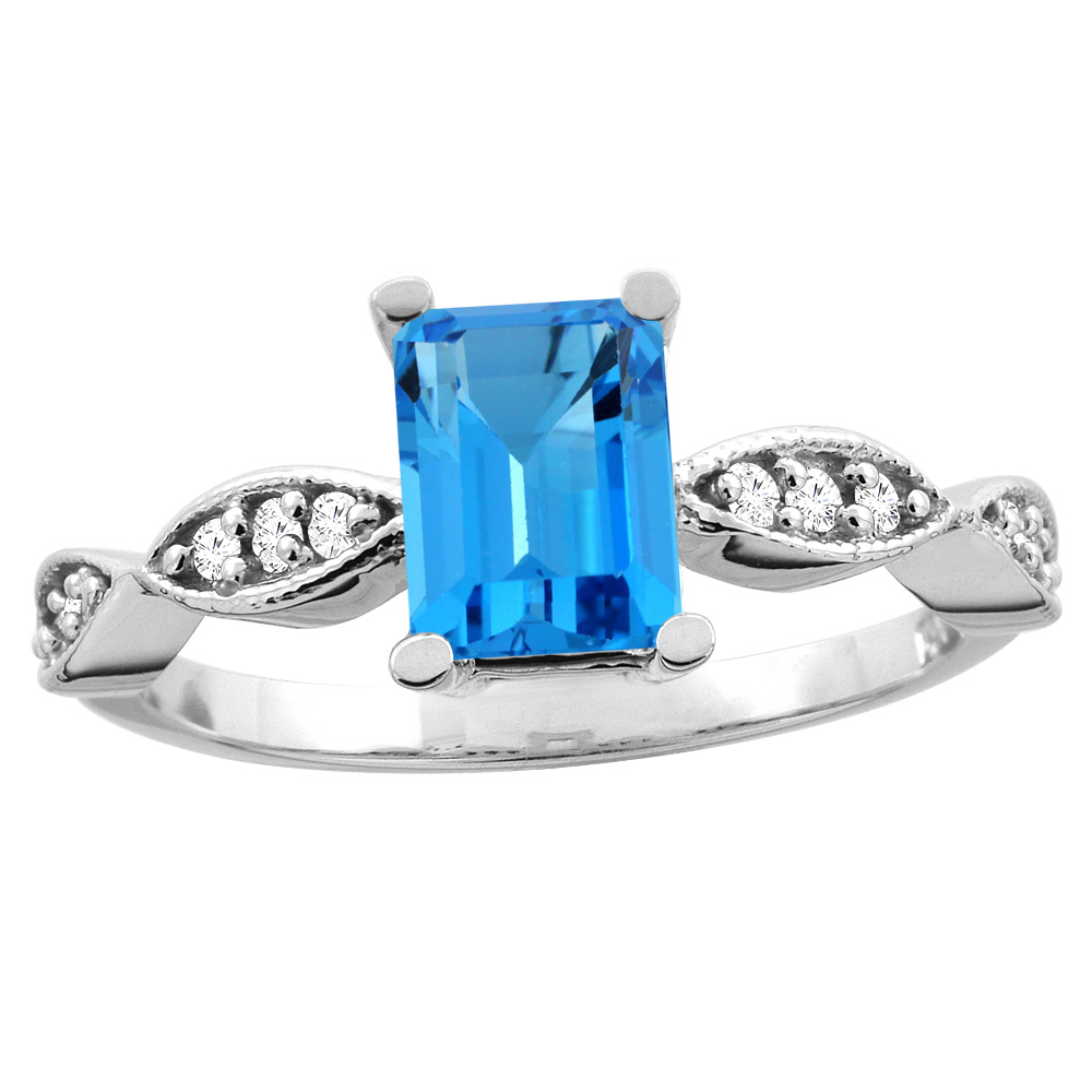 10K White/Yellow Gold Natural Swiss Blue Topaz Ring Octagon 8x6mm Diamond Accent, sizes 5 - 10