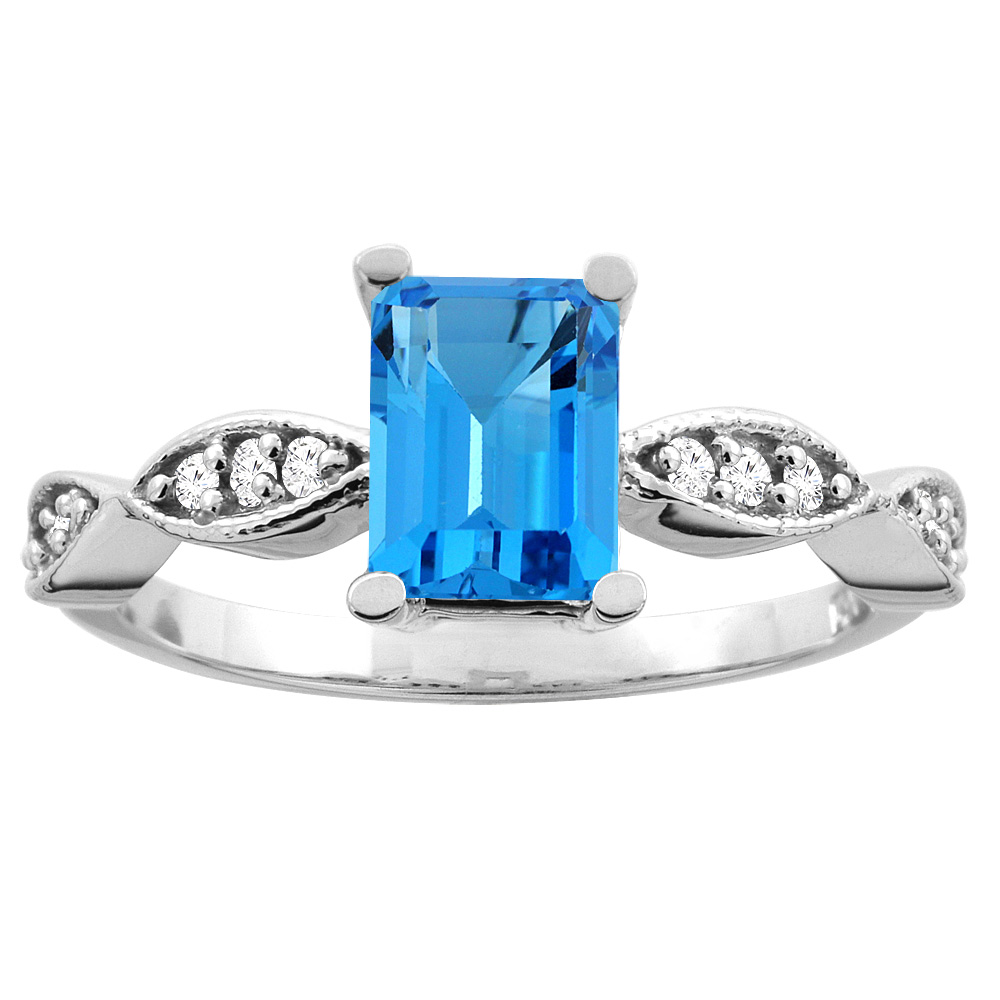 10K White/Yellow Gold Natural Swiss Blue Topaz Ring Octagon 7x5mm Diamond Accents, sizes 5 -10