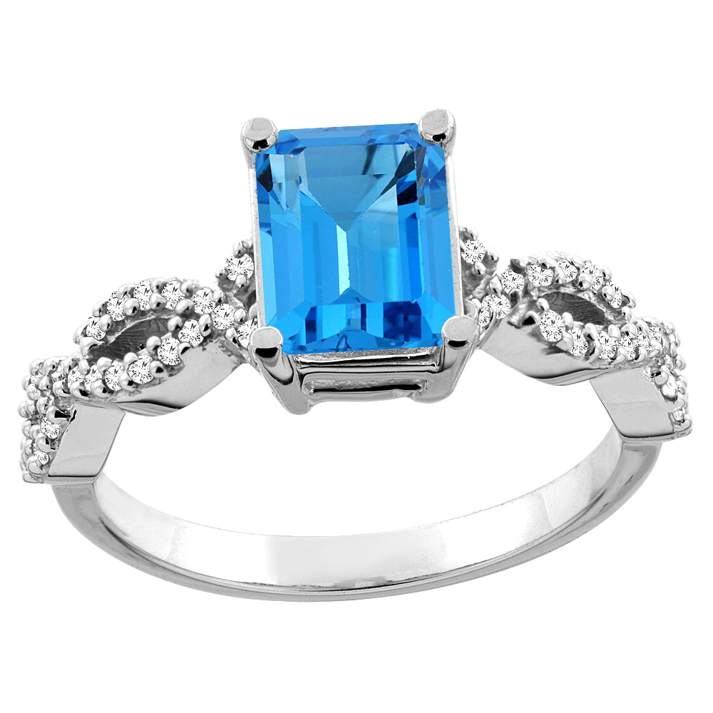 10K White/Yellow Gold/Yellow Gold Natural Swiss Blue Topaz Ring Octagon 8x6mm Diamond Accent, sizes 5 - 10