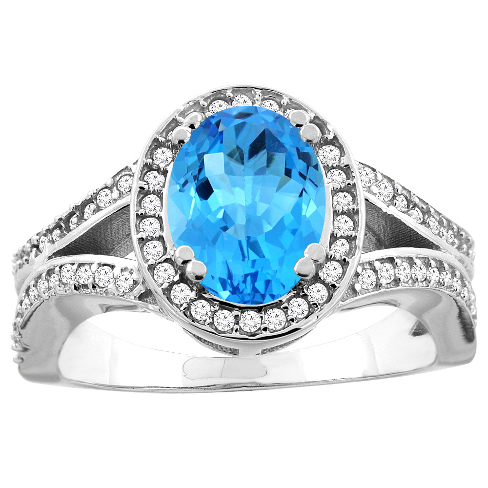 10K White/Yellow Gold Natural Swiss Blue Topaz Split Ring Oval 8x6mm Diamond Accent, sizes 5 - 10