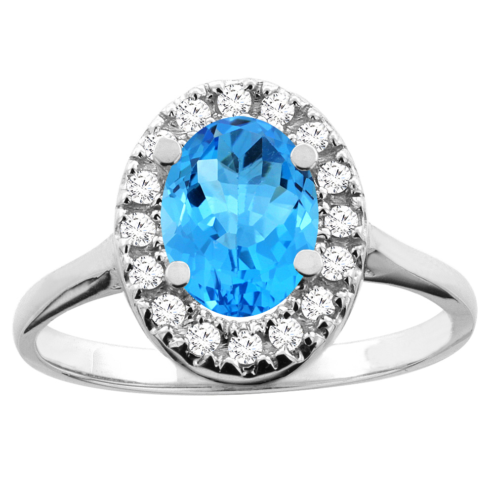 10K White/Yellow Gold Natural Swiss Blue Topaz Ring Oval 8x6mm Diamond Accent, sizes 5 - 10