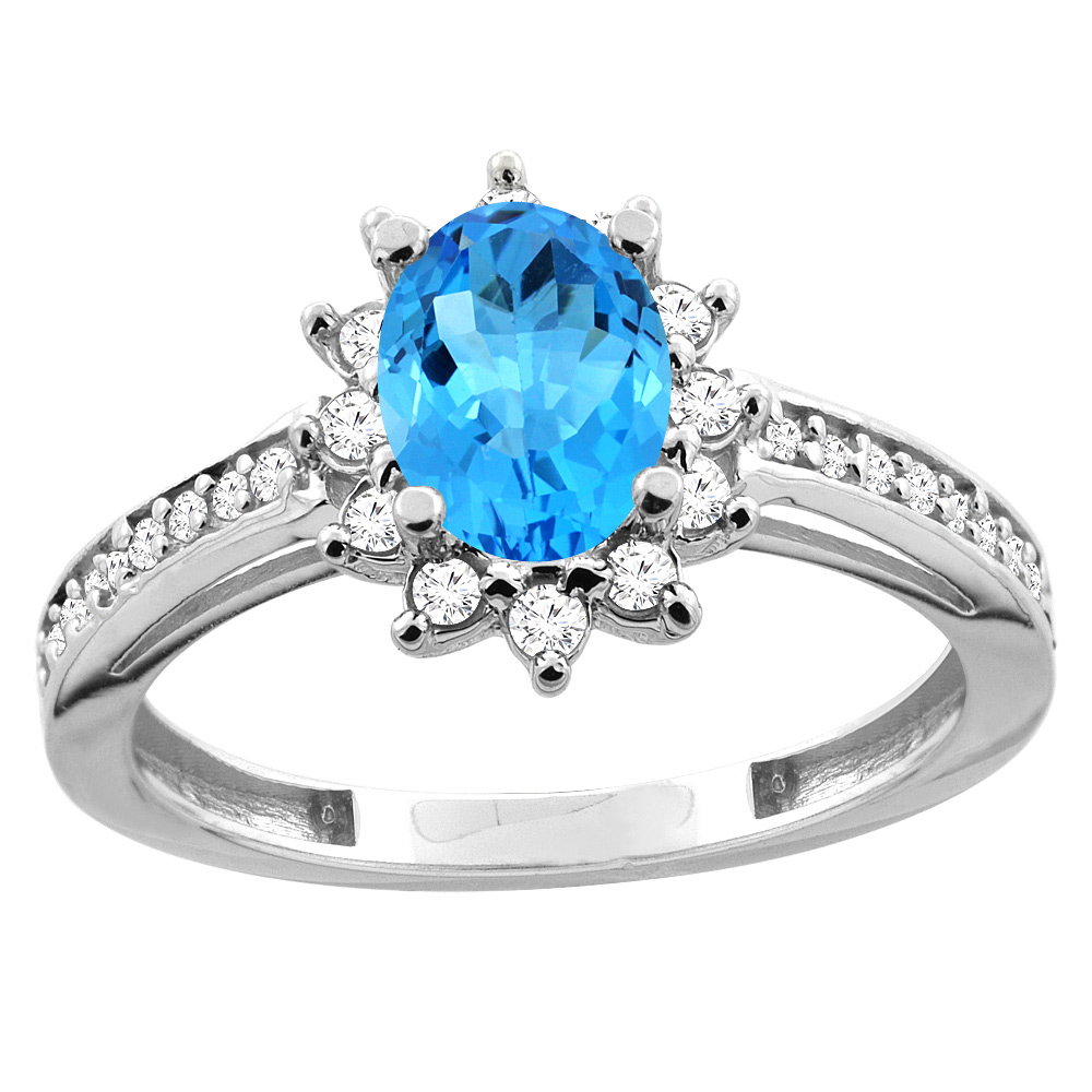 10K White/Yellow Gold Diamond Natural Swiss Blue Topaz Floral Halo Engagement Ring Oval 7x5mm, sizes 5 - 10
