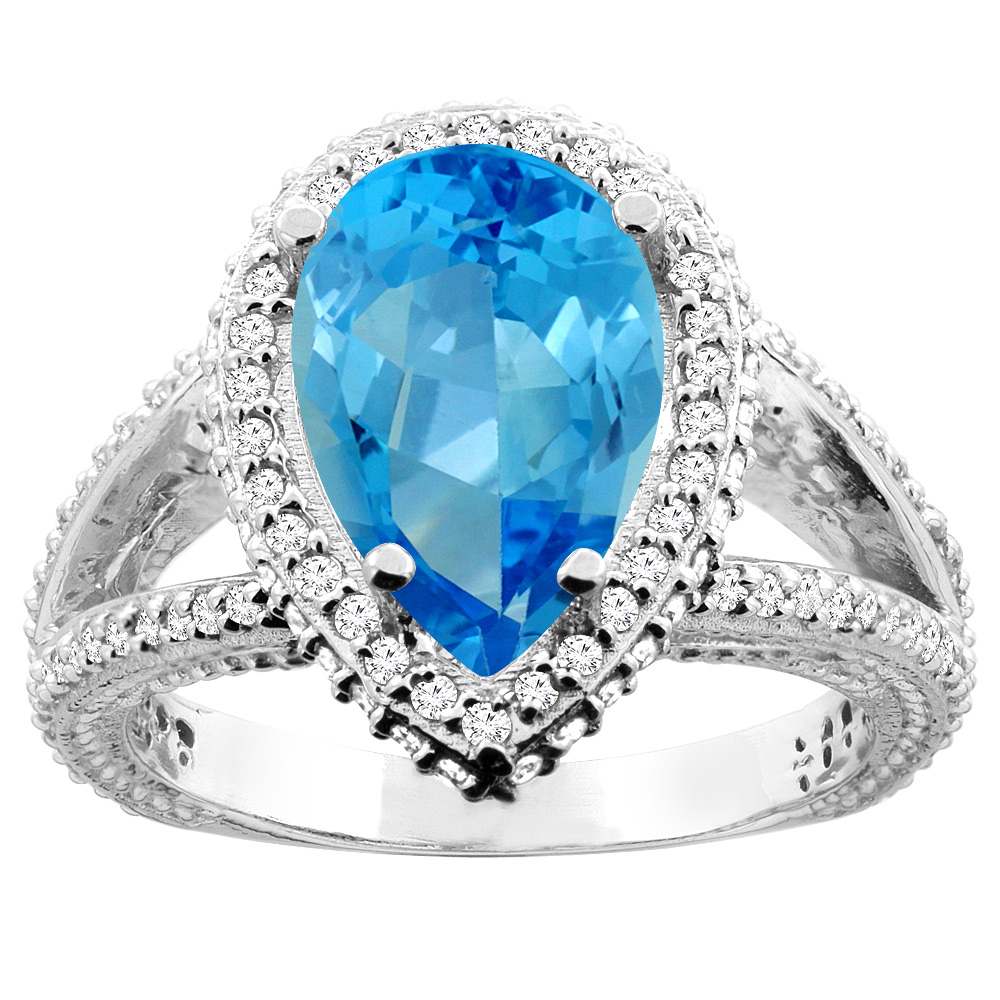 10K White/Yellow Gold Natural Swiss Blue Topaz Halo Ring Pear 12x8mm Diamond Accents, sizes 5 - 10