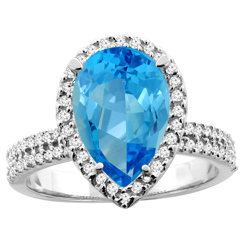 10K White/Yellow Gold Natural Swiss Blue Topaz Ring Pear 12x8mm Diamond Accents, sizes 5 - 10