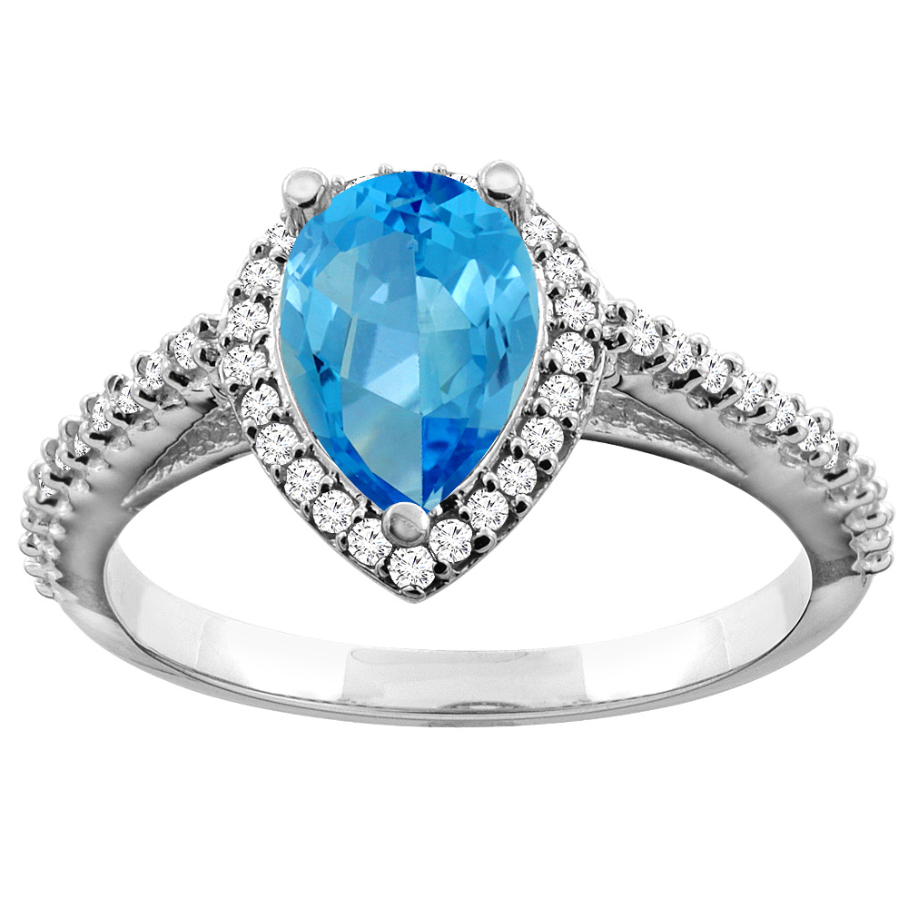 10K White Gold Natural Swiss Blue Topaz Ring Pear 9x7mm Diamond Accents, sizes 5 - 10