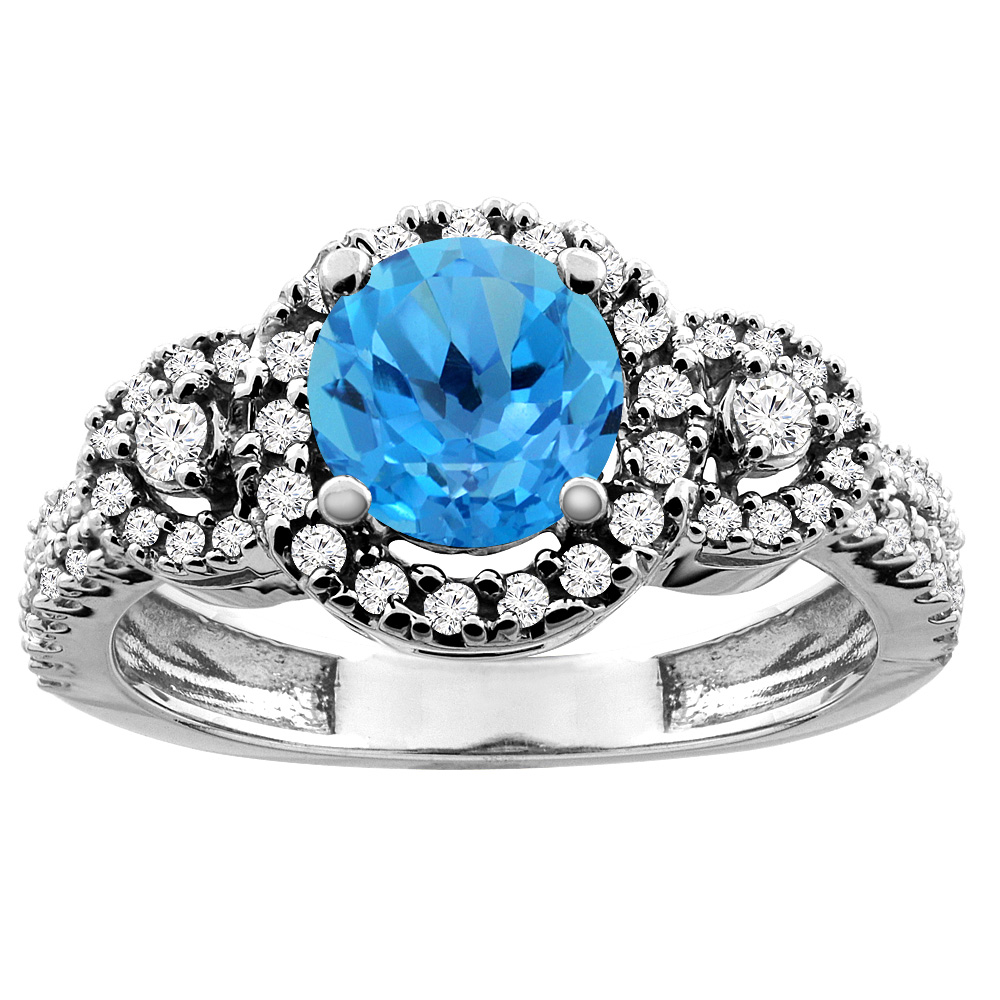 10K White/Yellow Gold Diamond Halo Natural Swiss Blue Topaz Ring Round 6mm, sizes 5 - 10