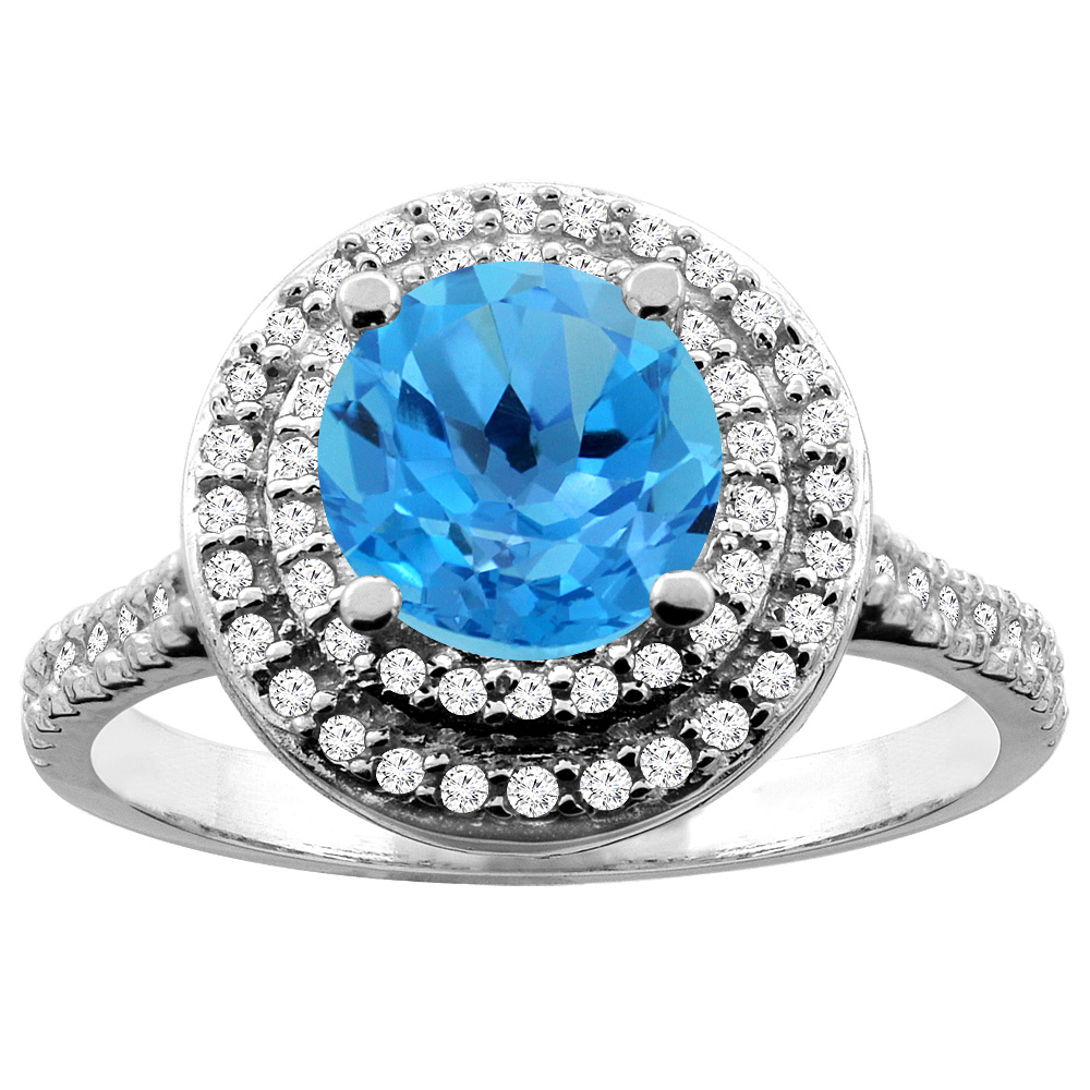 10K  Gold Genuine Blue Topaz Ring Double Halo Round 7mm Diamond Accent sizes 5 - 10