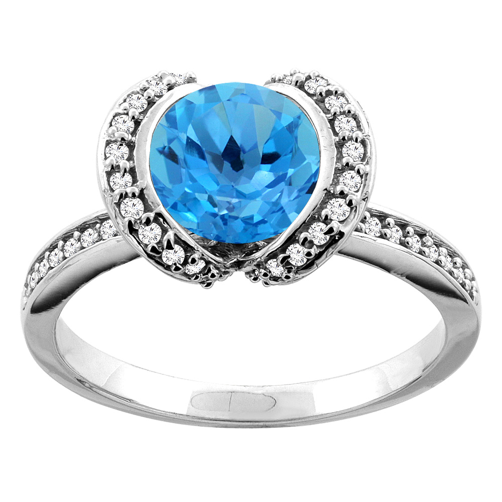 10K White/Yellow Gold Natural Swiss Blue Topaz Ring Round 7mm Diamond Accent, sizes 5 - 10
