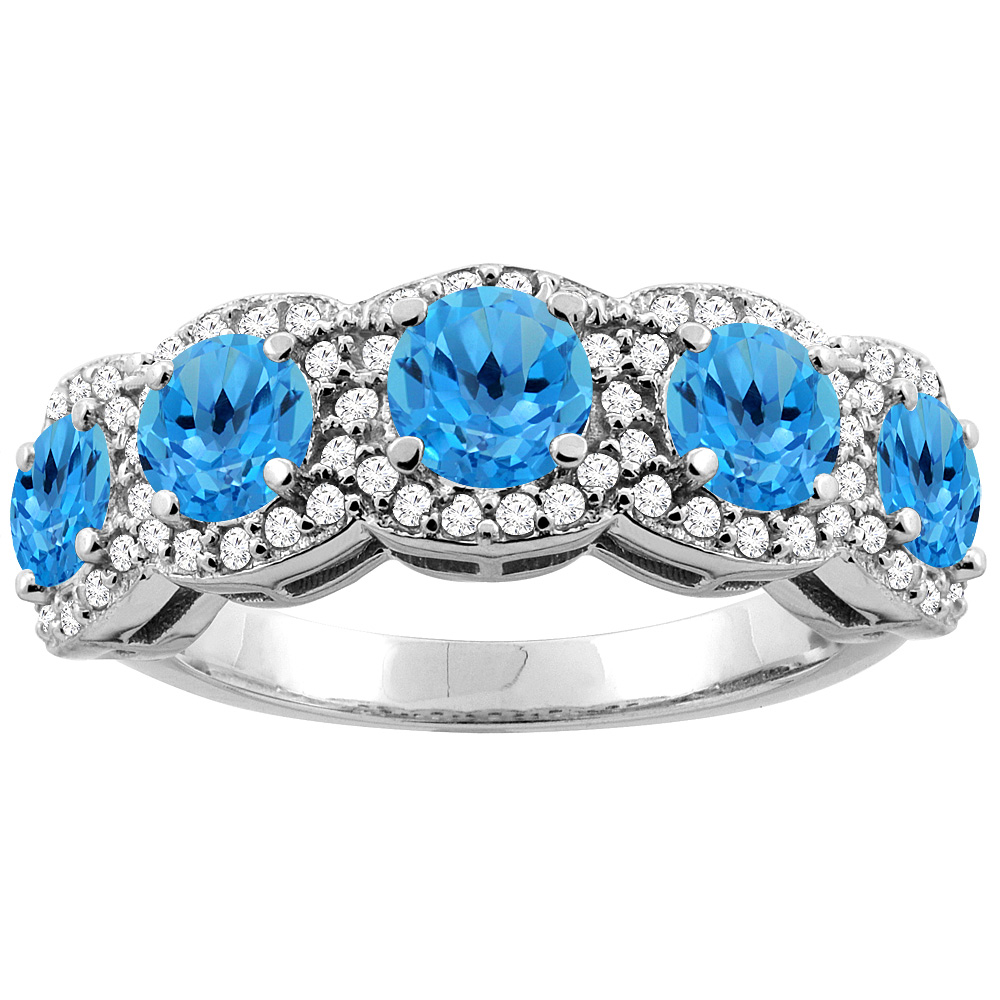 10K Gold Natural Swiss Blue Topaz 5-Stone Ring Round 4mm, sizes 5 - 10