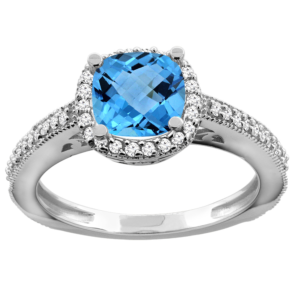 10K Gold Natural Swiss Blue Topaz Engagement Ring Diamond Halo Cushion 7mm, sizes 5 - 10