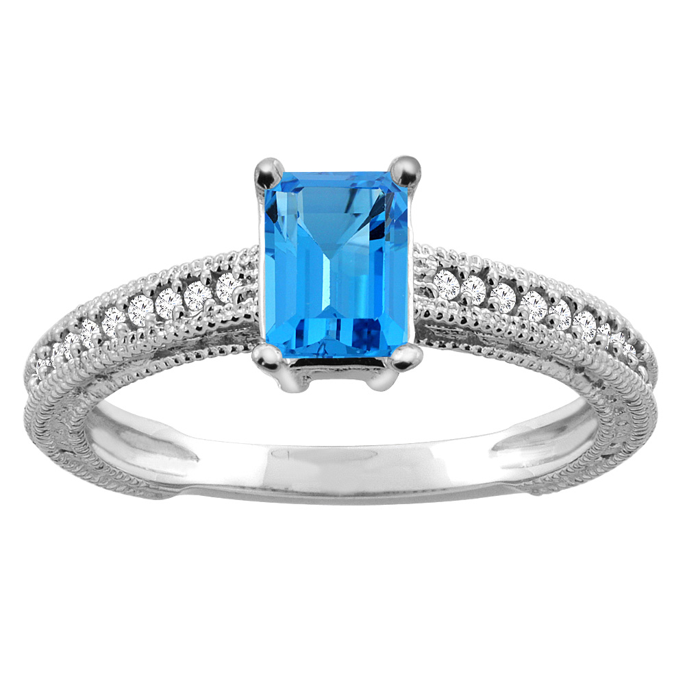 10K Gold Natural Swiss Blue Topaz Engagement Ring Octagon 8x6mm Diamond Accents, sizes 5 - 10