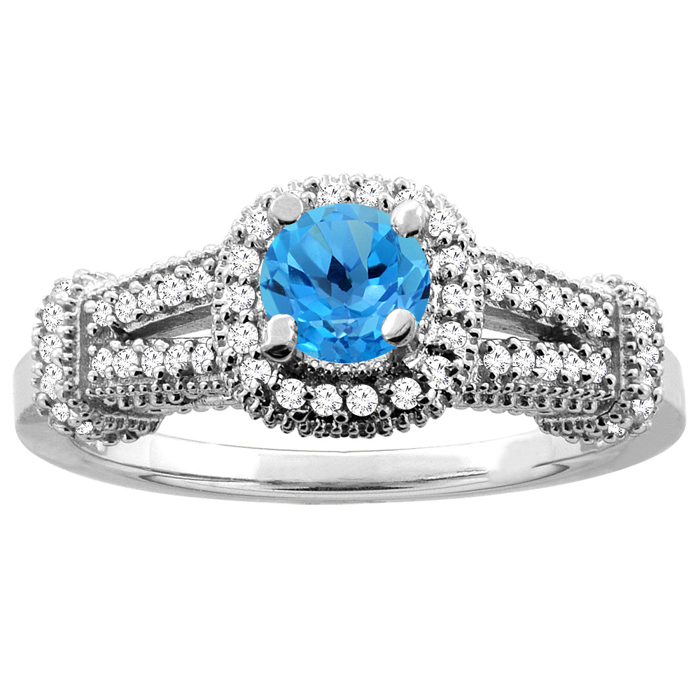 10K White Gold Natural Swiss Blue Topaz Engagement Halo Ring Round 5mm Diamond Accents, sizes 5 - 10