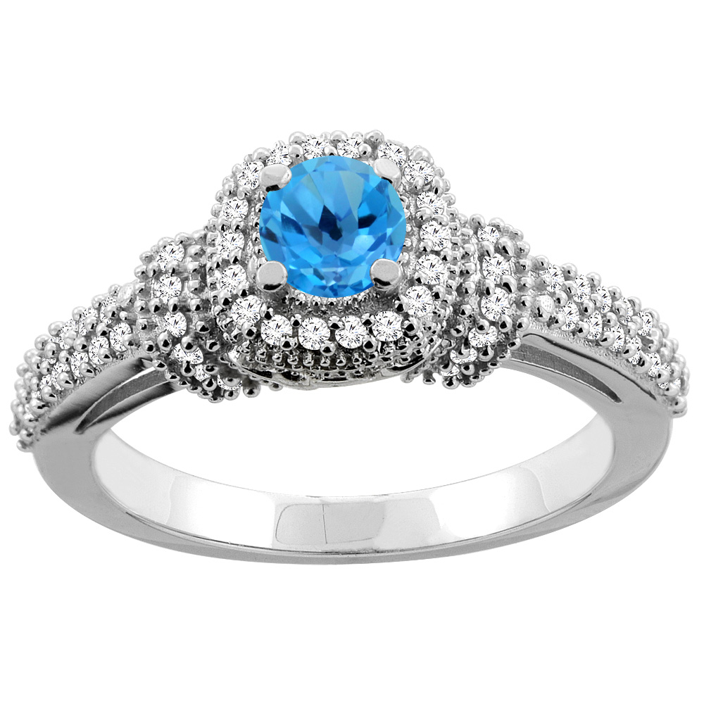 10K Gold Natural Swiss Blue Topaz Engagement Halo Ring Round 5mm Diamond Accents, sizes 5 - 10