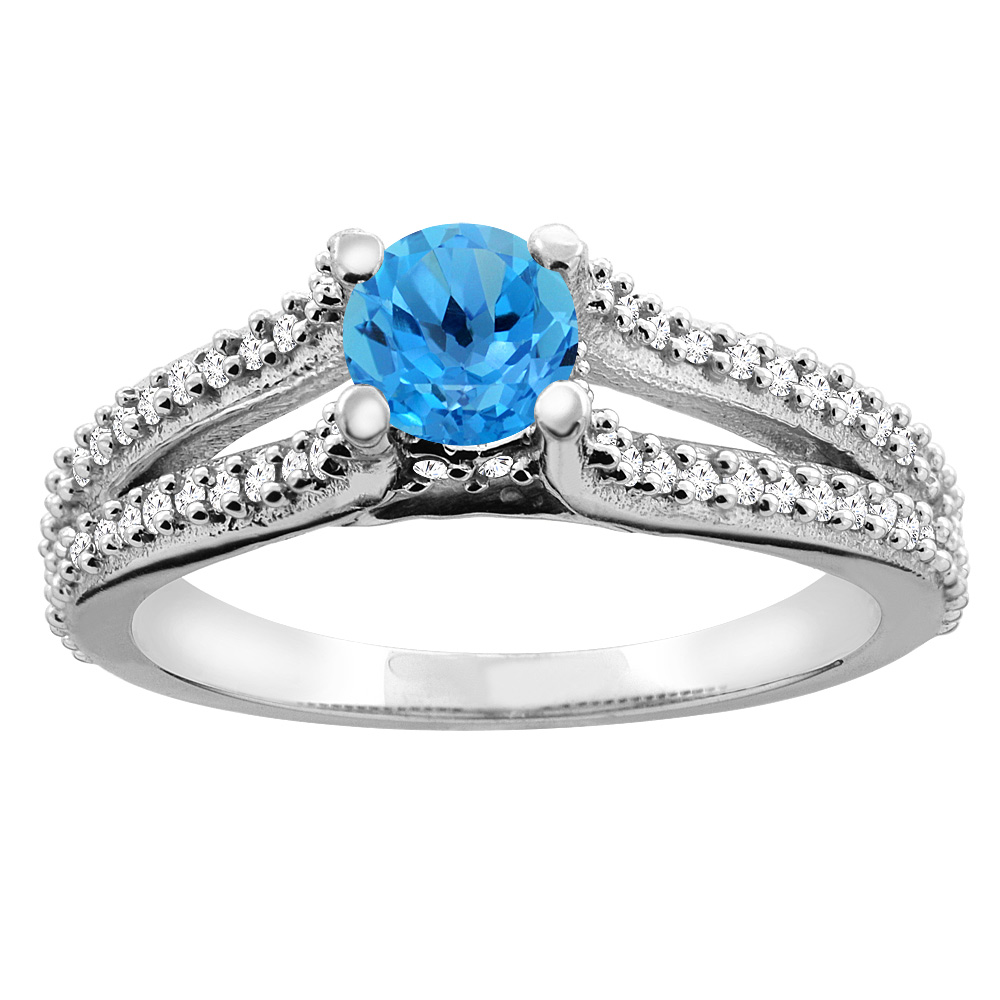 10K White Gold Natural Swiss Blue Topaz Engagement Split Shank Ring Round 5mm Diamond Accents, sizes 5 - 10