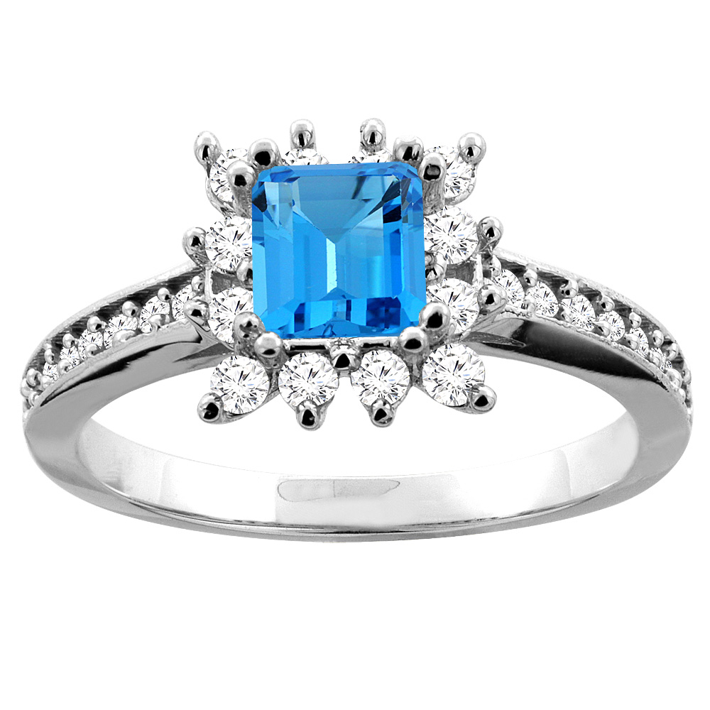 10K White Gold Natural Swiss Blue Topaz Engagement Ring Diamond Accents Square 5mm, sizes 5 - 10