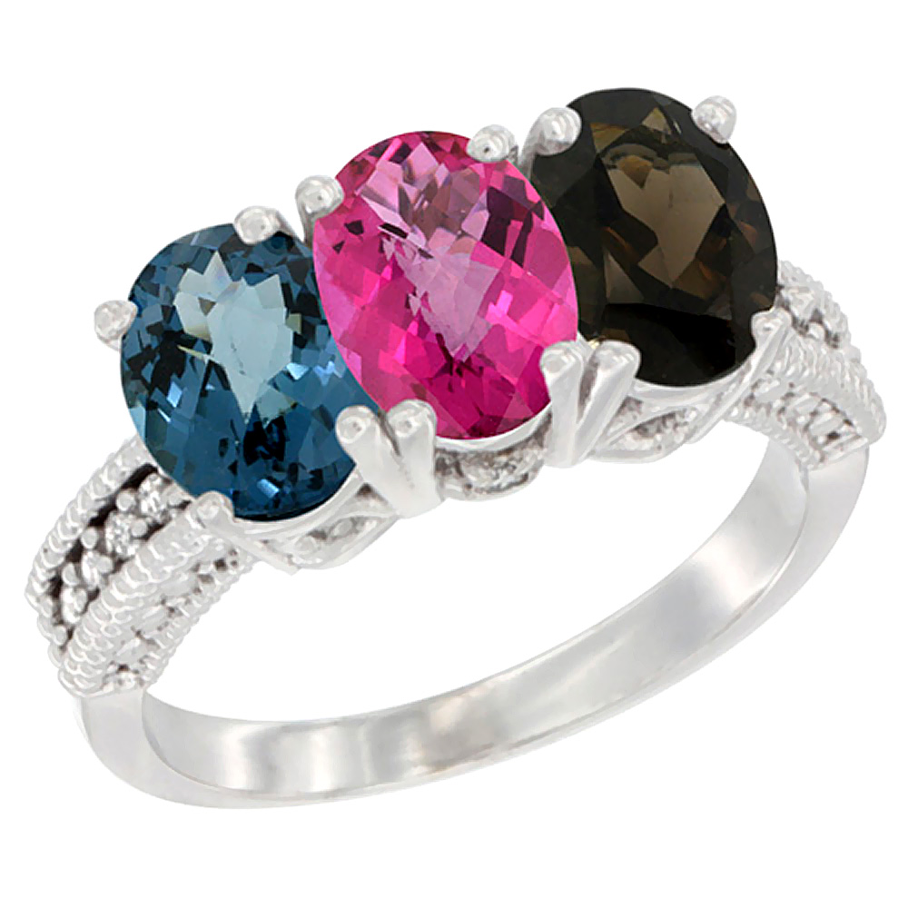 10K White Gold Natural London Blue Topaz, Pink Topaz & Smoky Topaz Ring 3-Stone Oval 7x5 mm Diamond Accent, sizes 5 - 10