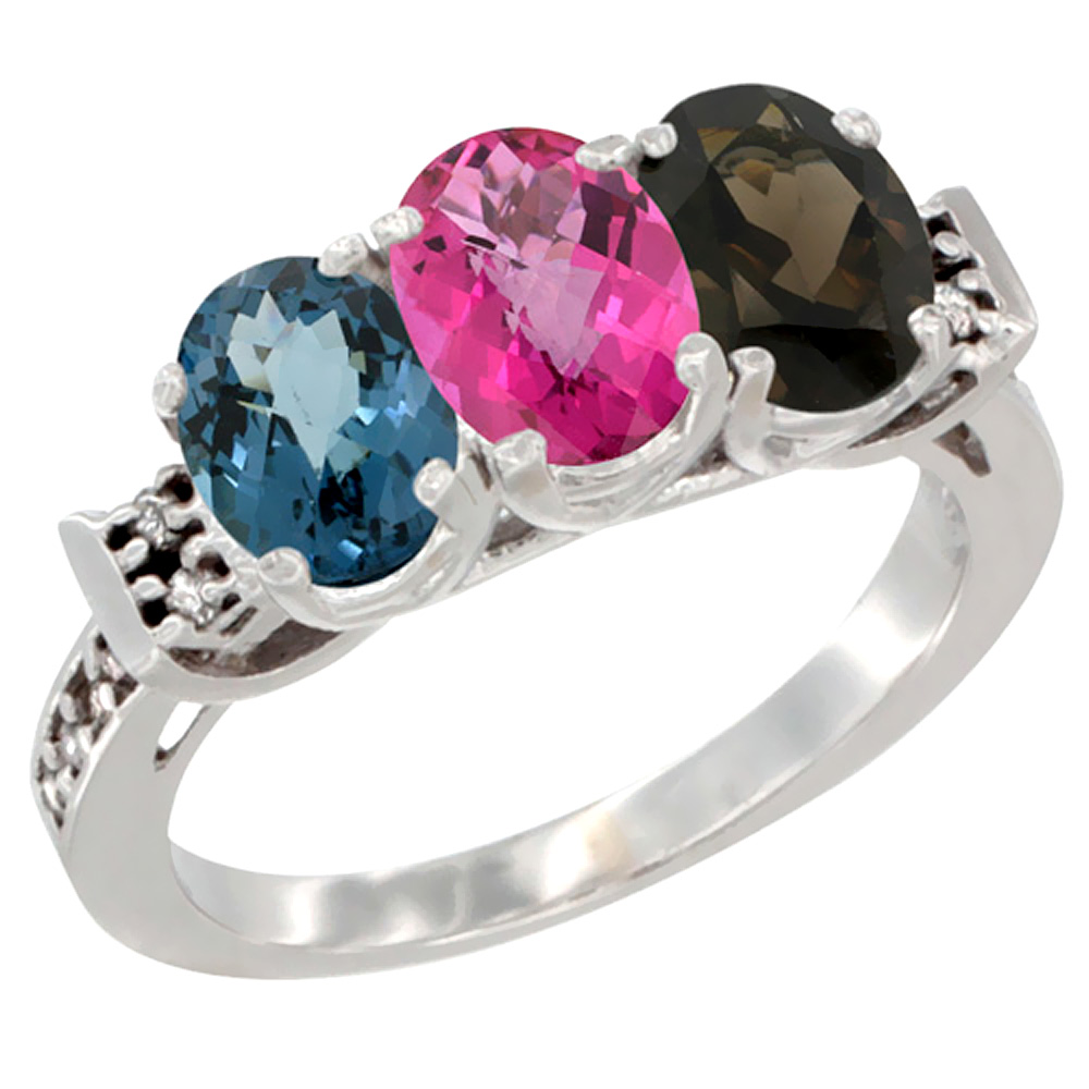 10K White Gold Natural London Blue Topaz, Pink Topaz & Smoky Topaz Ring 3-Stone Oval 7x5 mm Diamond Accent, sizes 5 - 10