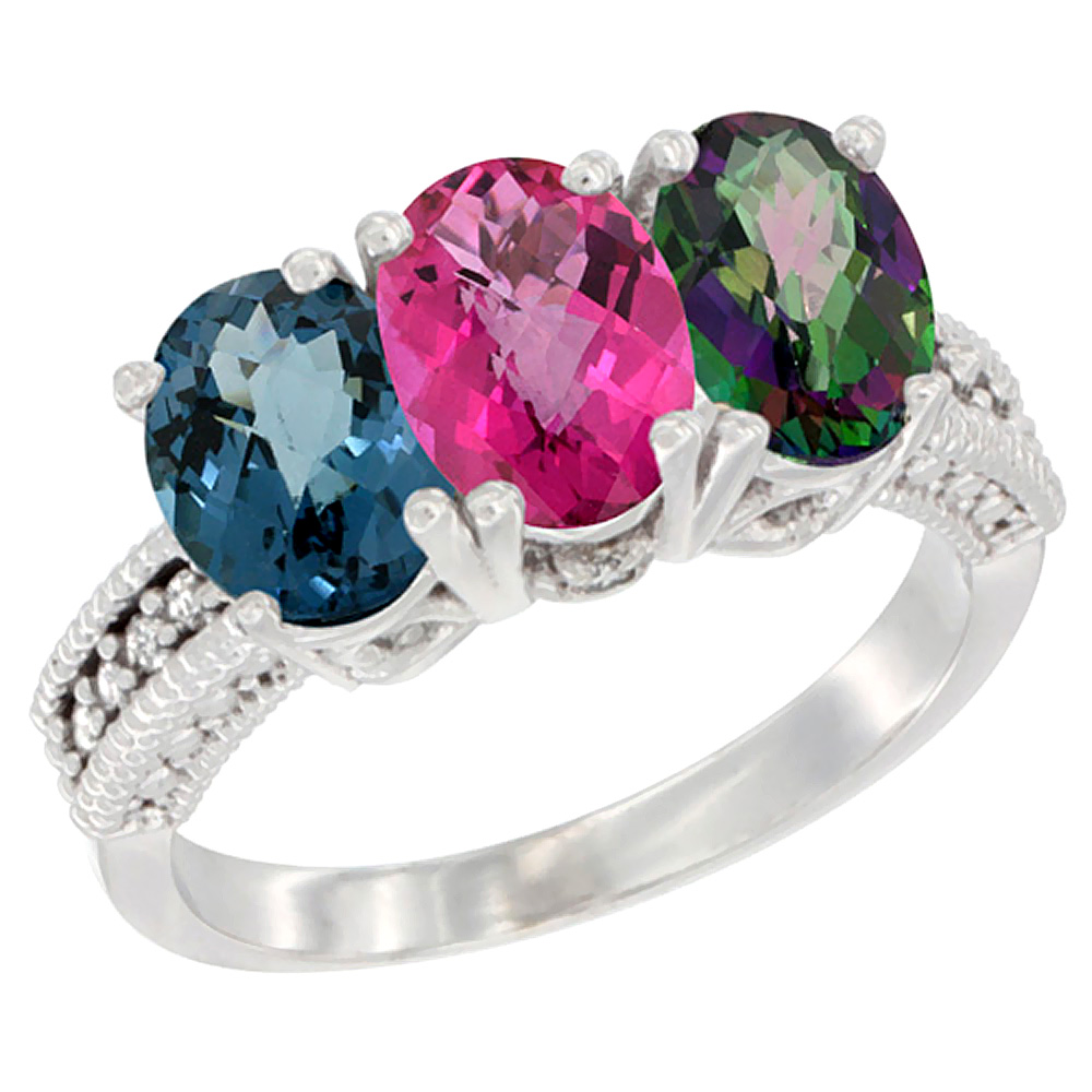 10K White Gold Natural London Blue Topaz, Pink Topaz & Mystic Topaz Ring 3-Stone Oval 7x5 mm Diamond Accent, sizes 5 - 10