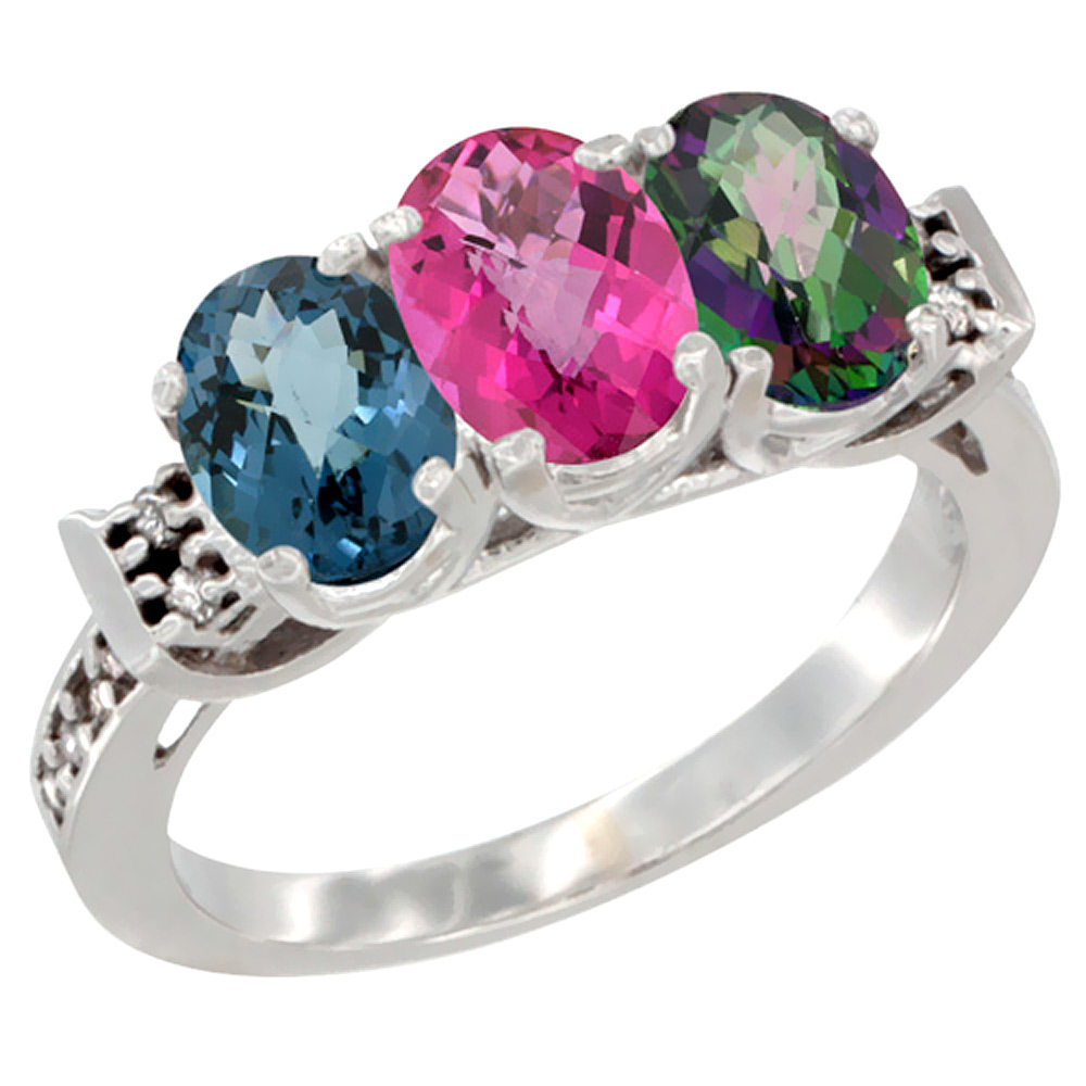 10K White Gold Natural London Blue Topaz, Pink Topaz & Mystic Topaz Ring 3-Stone Oval 7x5 mm Diamond Accent, sizes 5 - 10