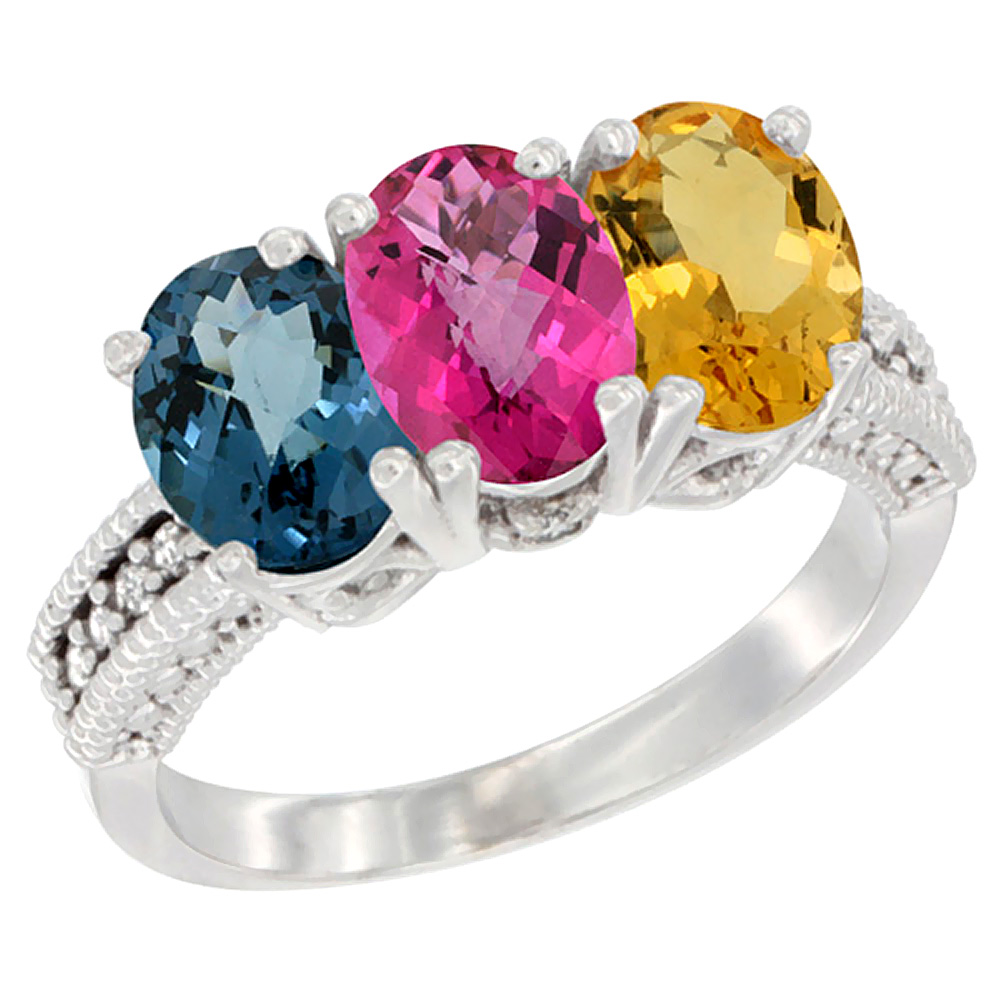 10K White Gold Natural London Blue Topaz, Pink Topaz & Citrine Ring 3-Stone Oval 7x5 mm Diamond Accent, sizes 5 - 10